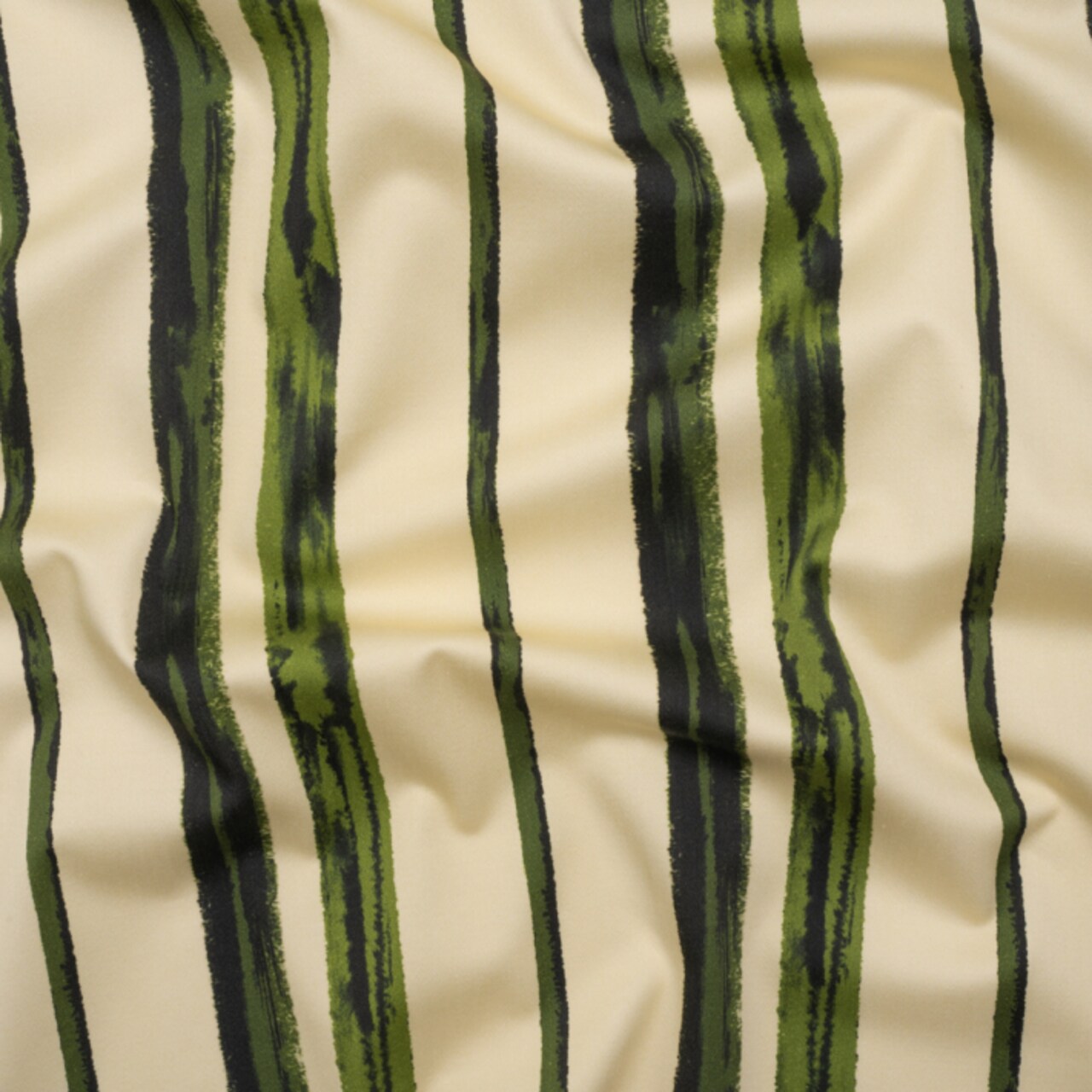 1 Yard Stretch Cotton Sateen Fabric Cream and Green Painted Stripes Verdant Trail Print